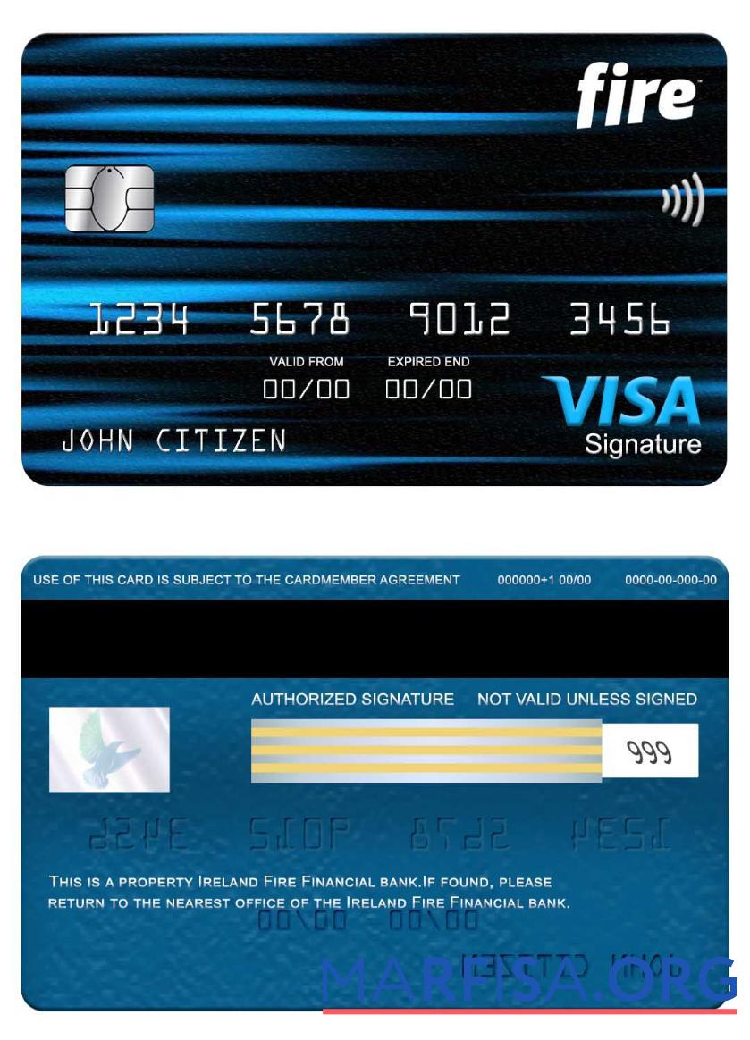 Downloadable Ireland Fire Financial bank visa signature card sample